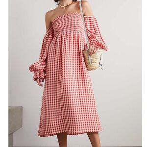 Sleeper Atlanta off-the-shoulder shirred gingham 100% linen midi dress